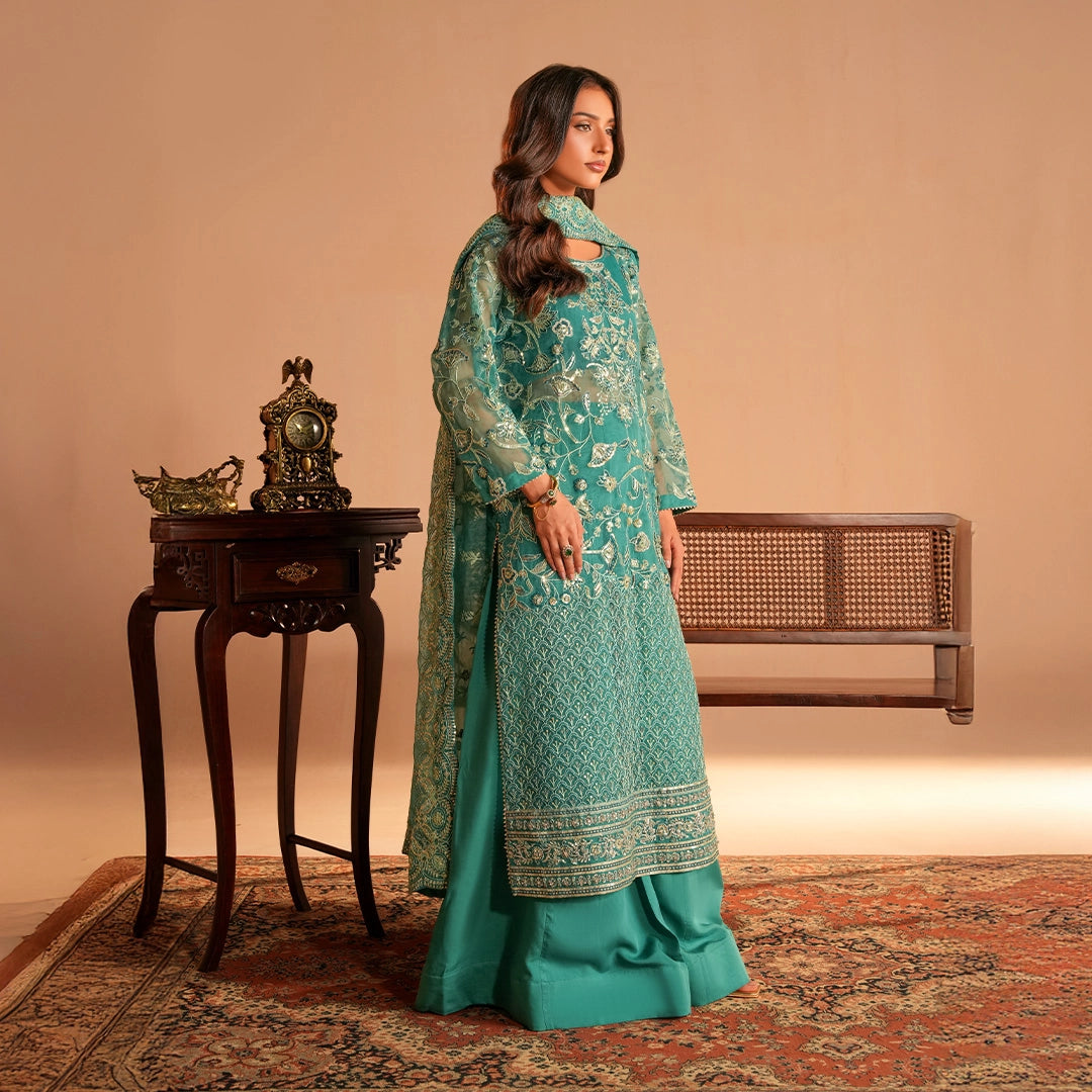 Teal-Toned ensemble crafted on Organza