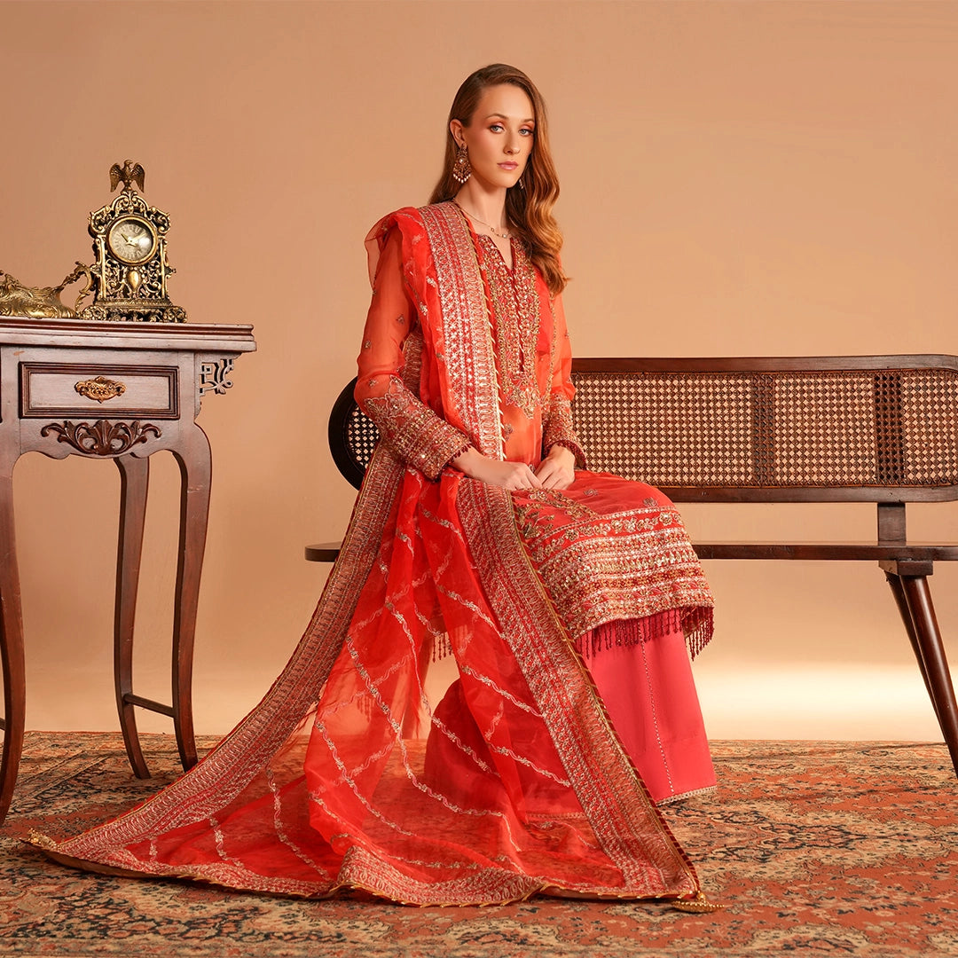 Traditional Formal Ensemble in Rich Shades of Coral & Red