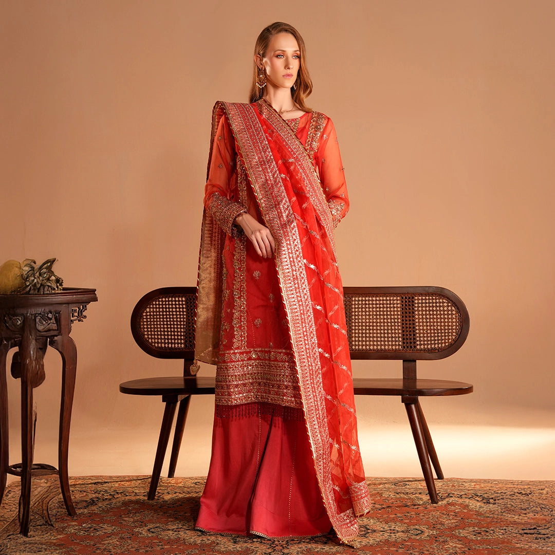 Traditional Formal Ensemble in Rich Shades of Coral & Red