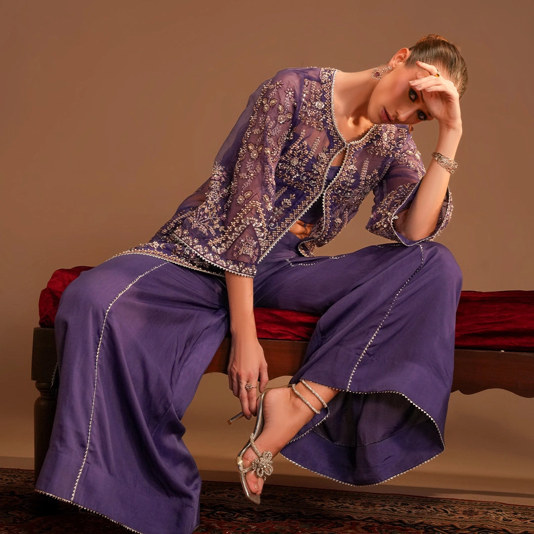Purple Organza Open Shirt Gown with Palazzo & Embroidered Dupatta – Luxury Pret Set - Lehraaj Official