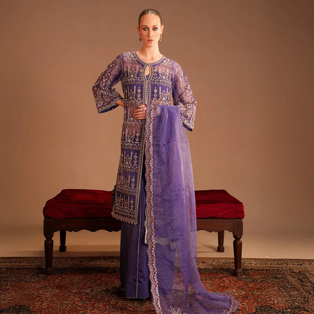 Purple Organza Open Shirt Gown with Palazzo & Embroidered Dupatta – Luxury Pret Set - Lehraaj Official
