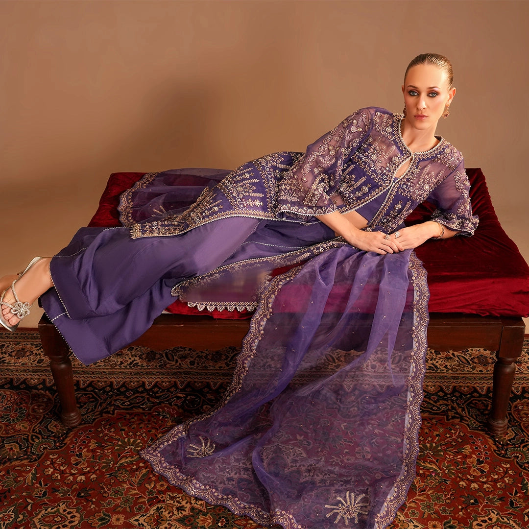 Purple Organza Open Shirt Gown with Palazzo & Embroidered Dupatta – Luxury Pret Set - Lehraaj Official