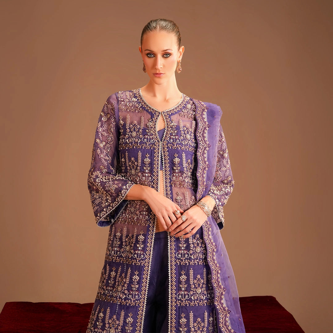 Purple Organza Open Shirt Gown with Palazzo & Embroidered Dupatta – Luxury Pret Set - Lehraaj Official