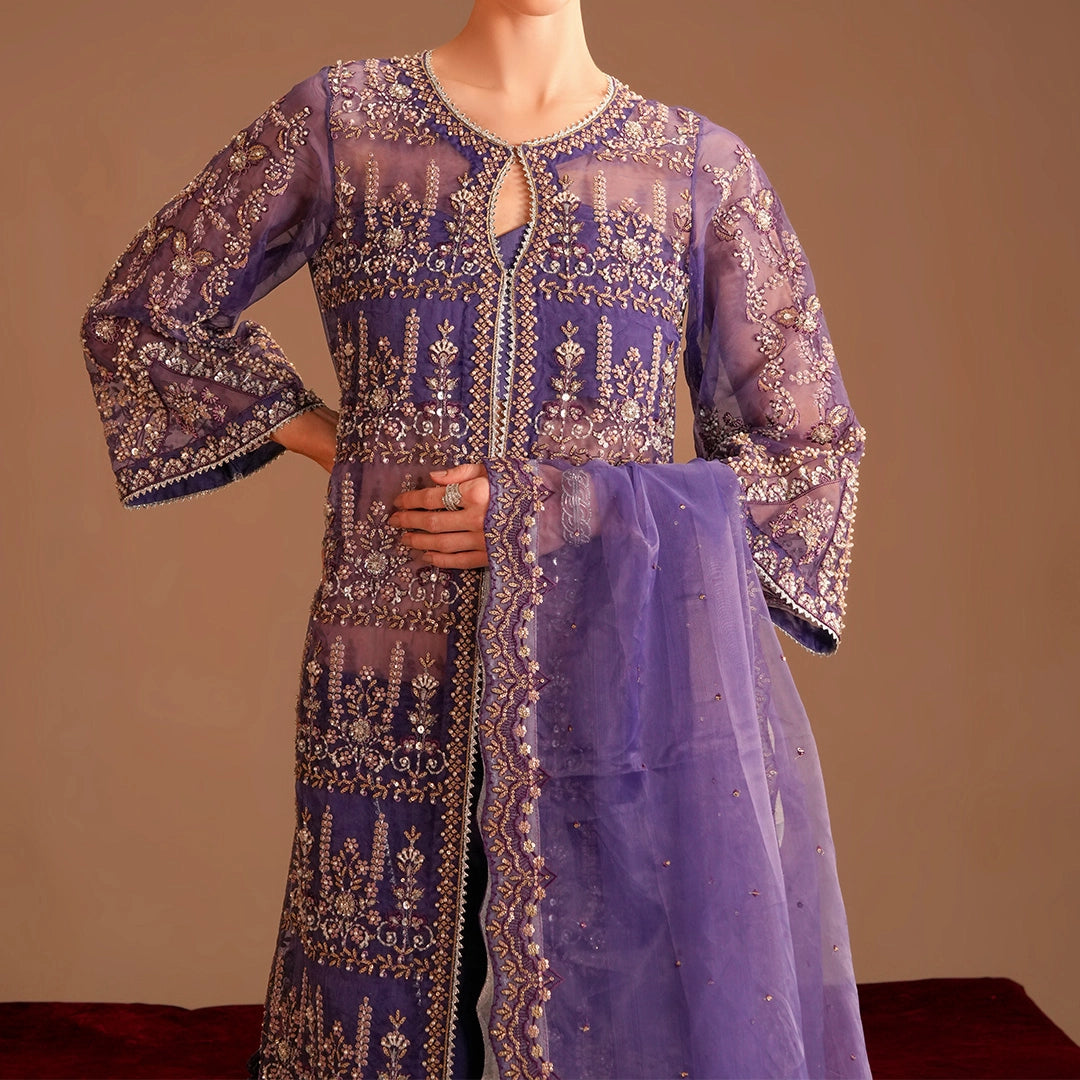 Purple Organza Open Shirt Gown with Palazzo & Embroidered Dupatta – Luxury Pret Set - Lehraaj Official