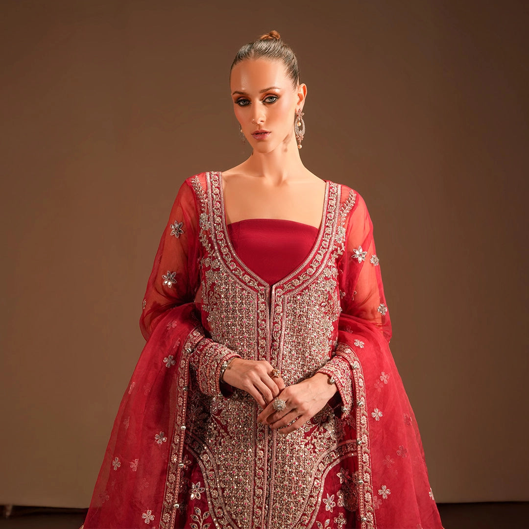Hot Pink Heavily Embellished Long Gown & Lehnga - Lehraaj Official