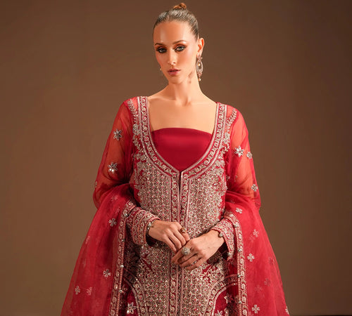 Hot Pink Heavily Embellished Long Gown & Lehnga