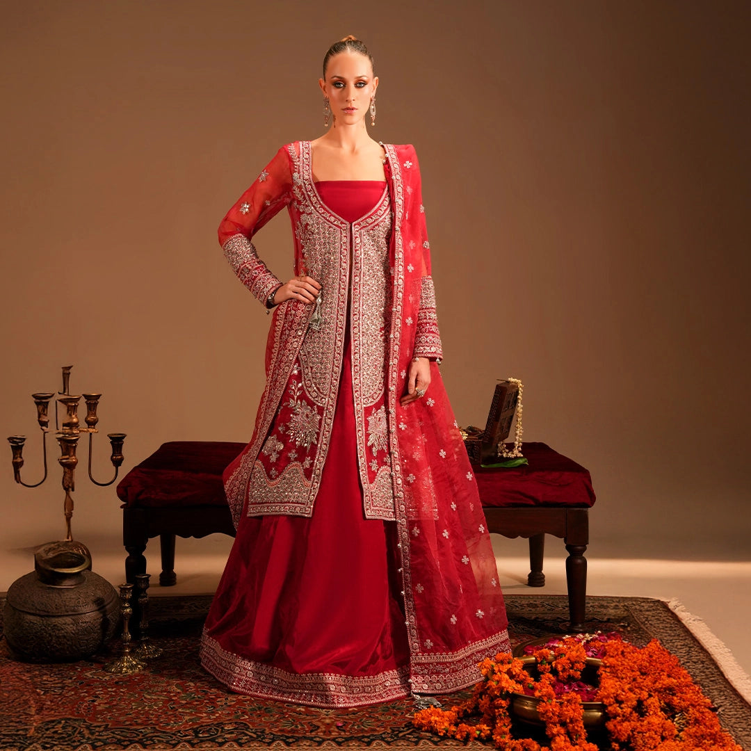 Hot Pink Heavily Embellished Long Gown & Lehnga - Lehraaj Official