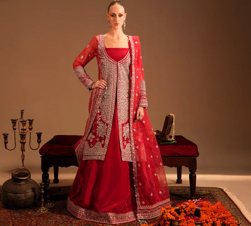 Hot Pink Heavily Embellished Long Gown & Lehnga