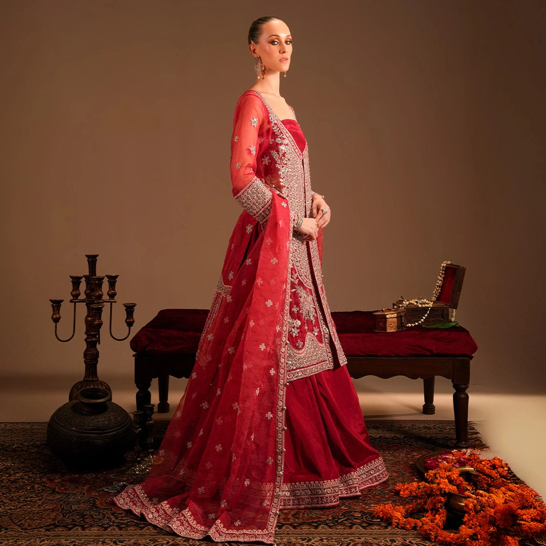 Hot Pink Heavily Embellished Long Gown & Lehnga - Lehraaj Official