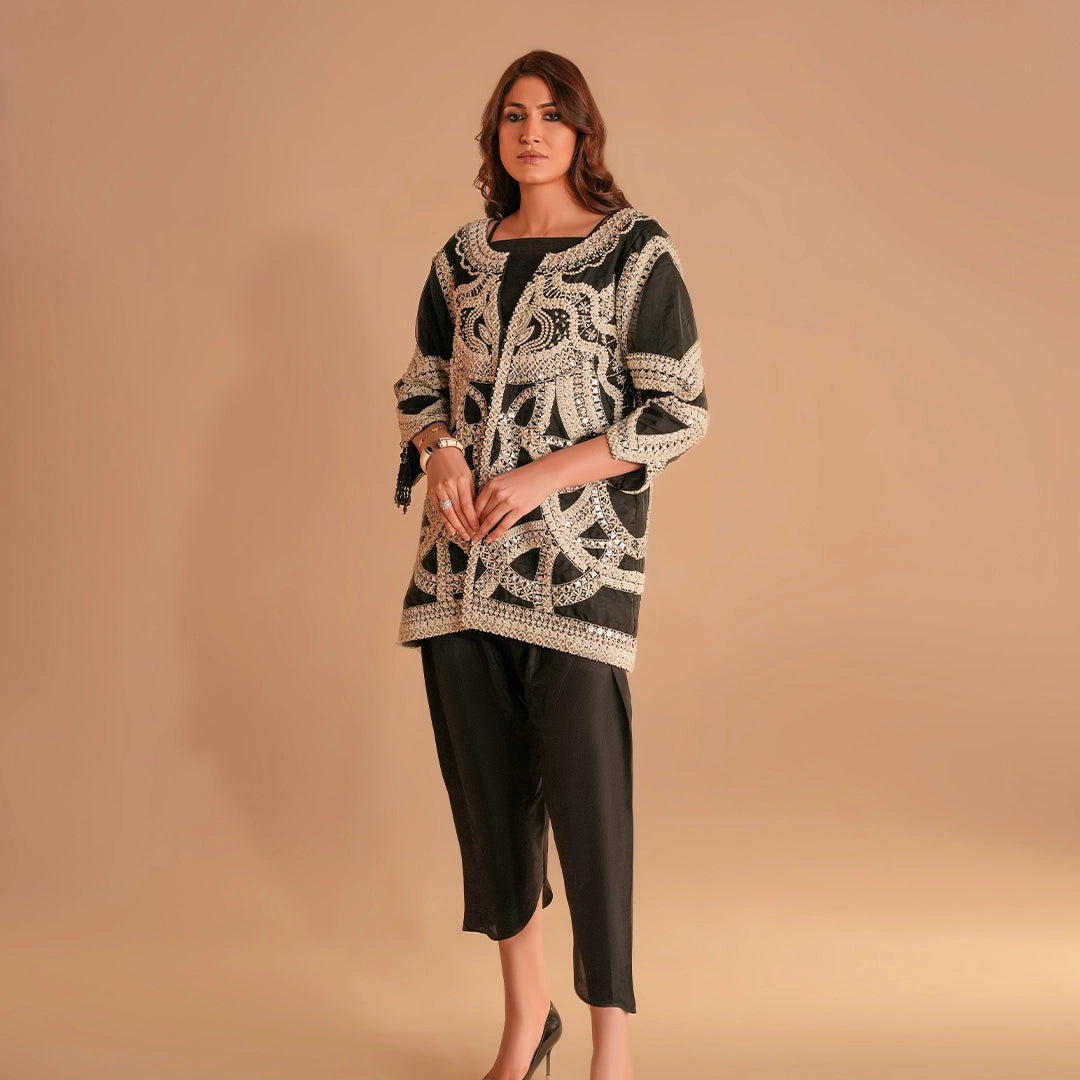 Embroidered overlay jacket elegant ensemble features a premium black Tunic Embellished - Lehraaj Official
