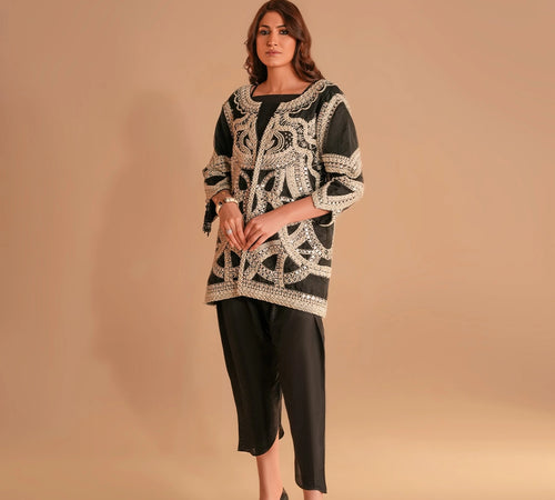 Embroidered overlay jacket elegant ensemble features a premium black Tunic Embellished