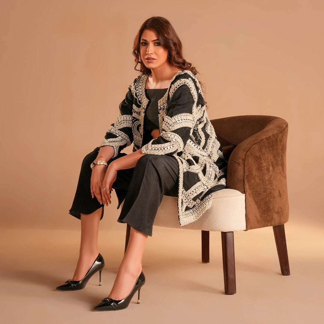Embroidered overlay jacket elegant ensemble features a premium black Tunic Embellished - Lehraaj Official