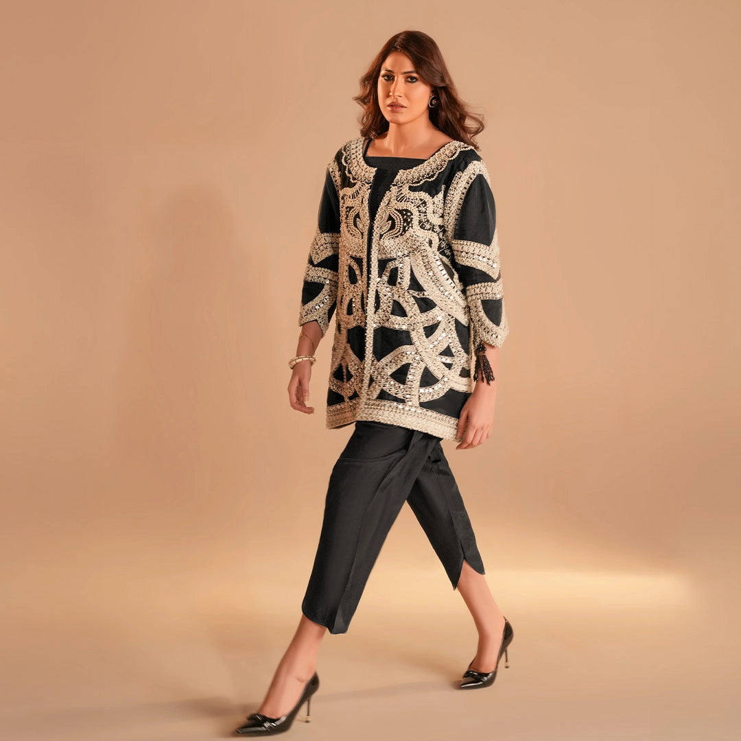 Embroidered overlay jacket elegant ensemble features a premium black Tunic Embellished - Lehraaj Official