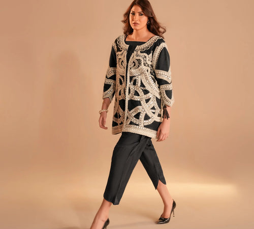 Embroidered overlay jacket elegant ensemble features a premium black Tunic Embellished