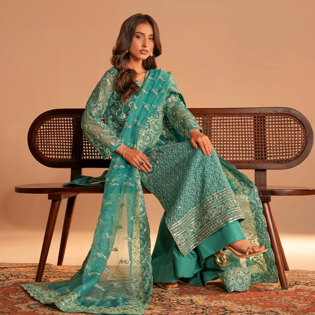 Teal-Toned ensemble crafted on Organza