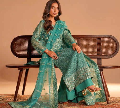 Teal-Toned ensemble crafted on Organza