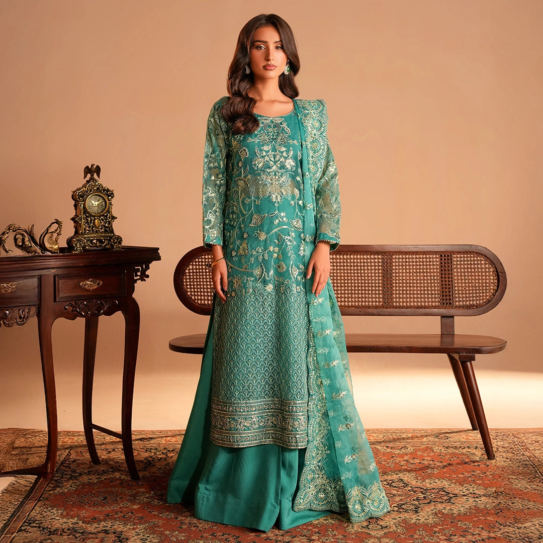 Teal-Toned ensemble crafted on Organza