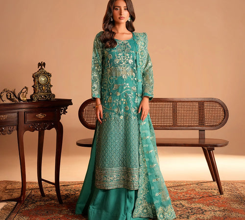 Teal-Toned ensemble crafted on Organza