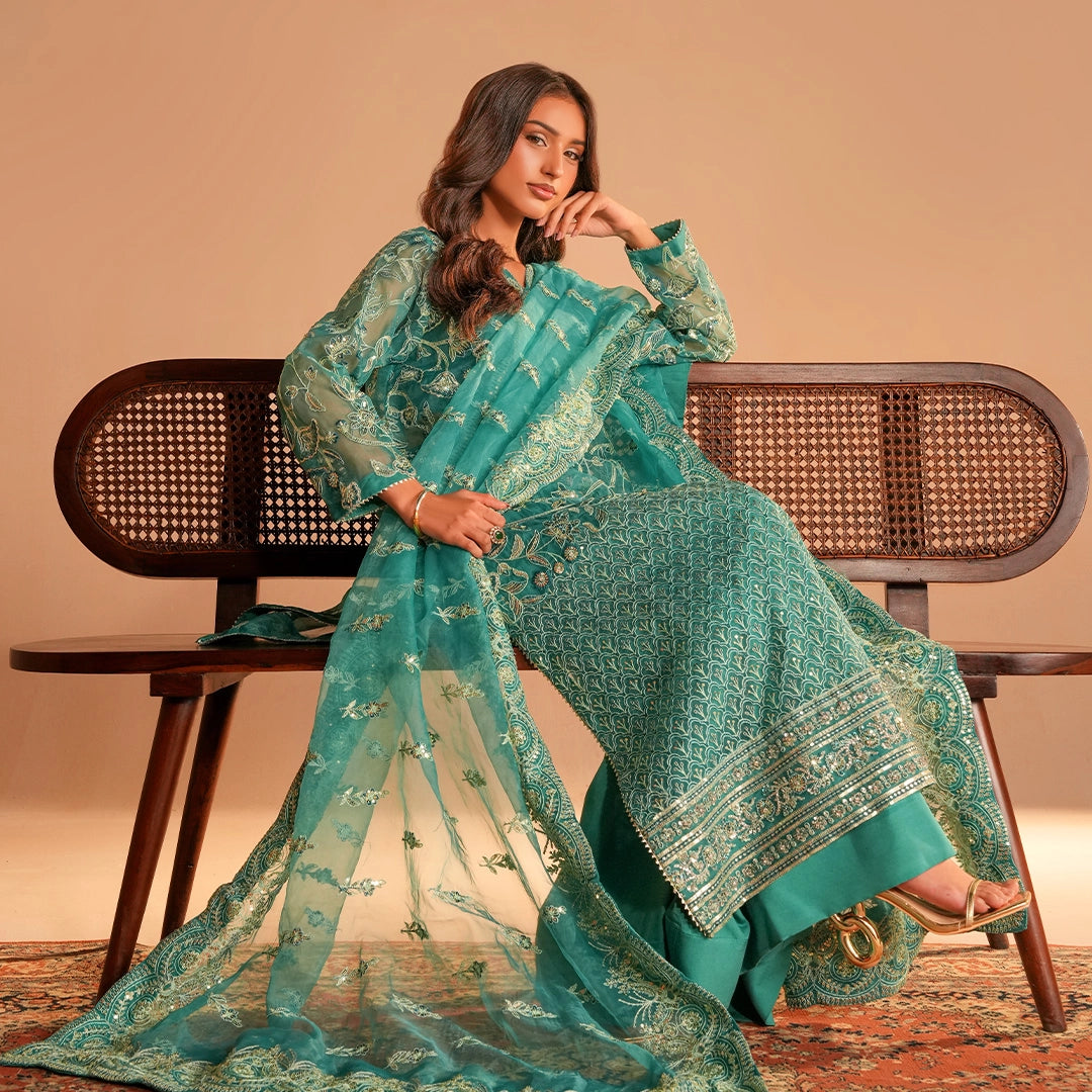 Teal-Toned ensemble crafted on Organza