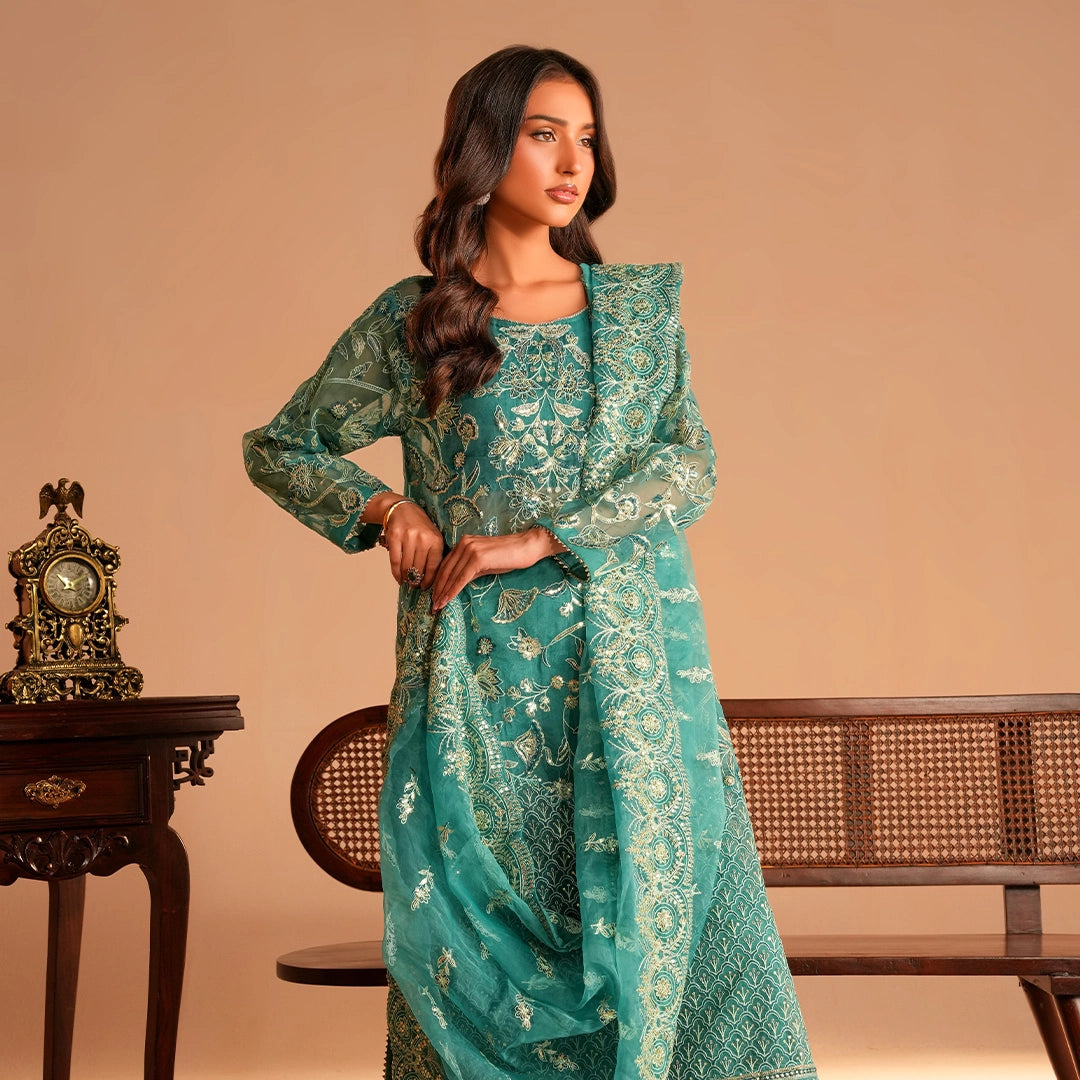 Teal-Toned ensemble crafted on Organza